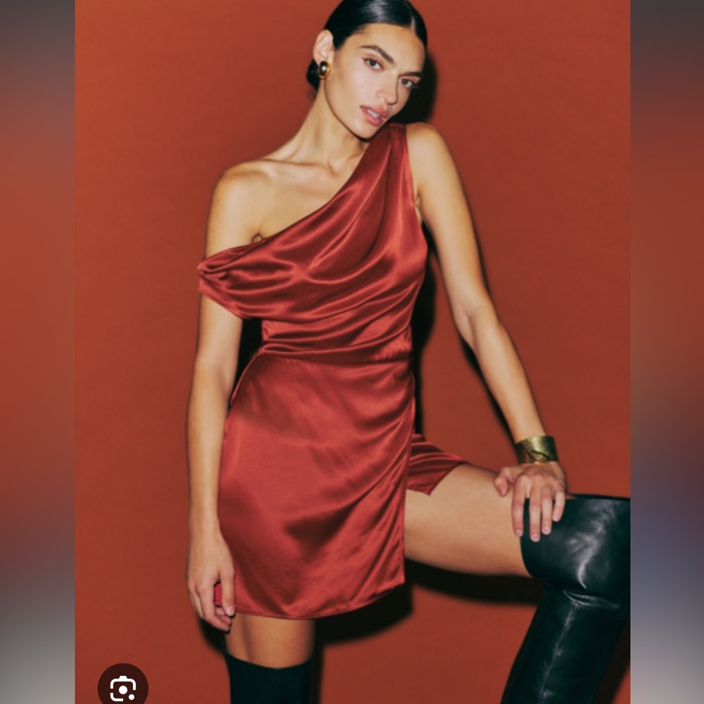 Reformation One-Shoulder Satin Mini Dress in Rust